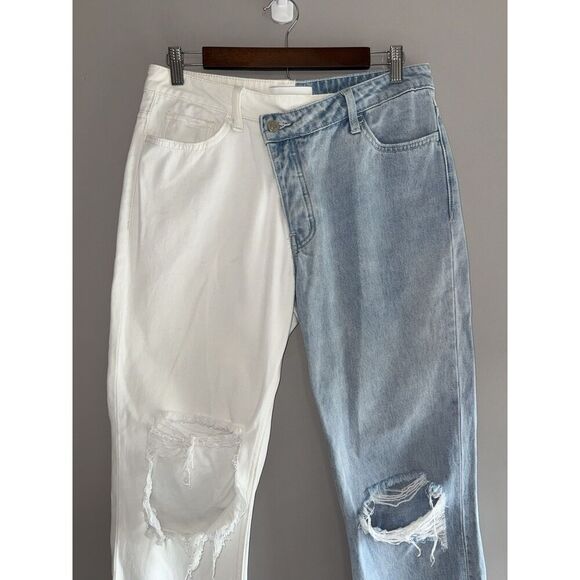 Vervet High Rise Cross Over Two Toned Jeans Rigid Denim Fray Hem Crop Flare 28 - Picture 6 of 16
